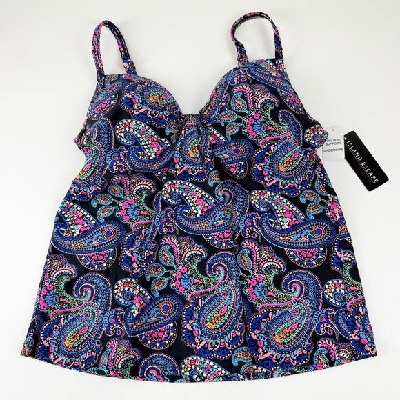 Island Escape Tankini Bikini Top Womens 6 Black Multicolor Paisley Underwire NWT - Picture 1 of 8